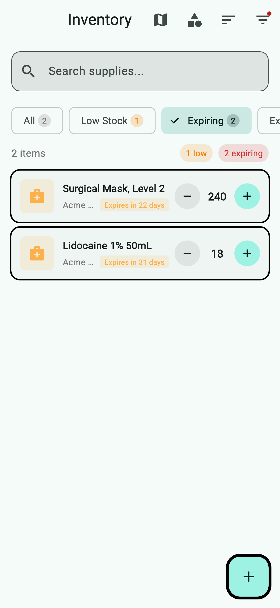 Inventory filtered to expiring items