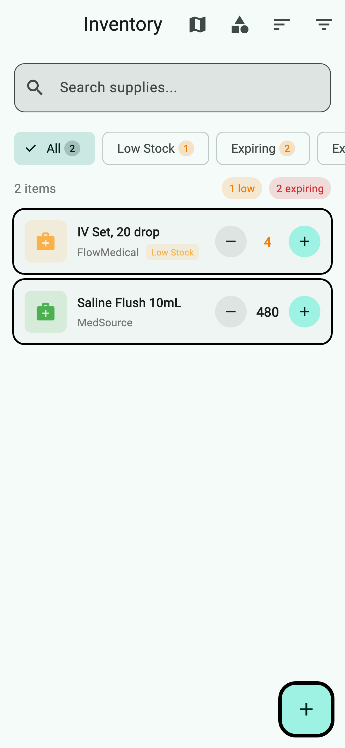 Inventory list filtered by search query "IV"