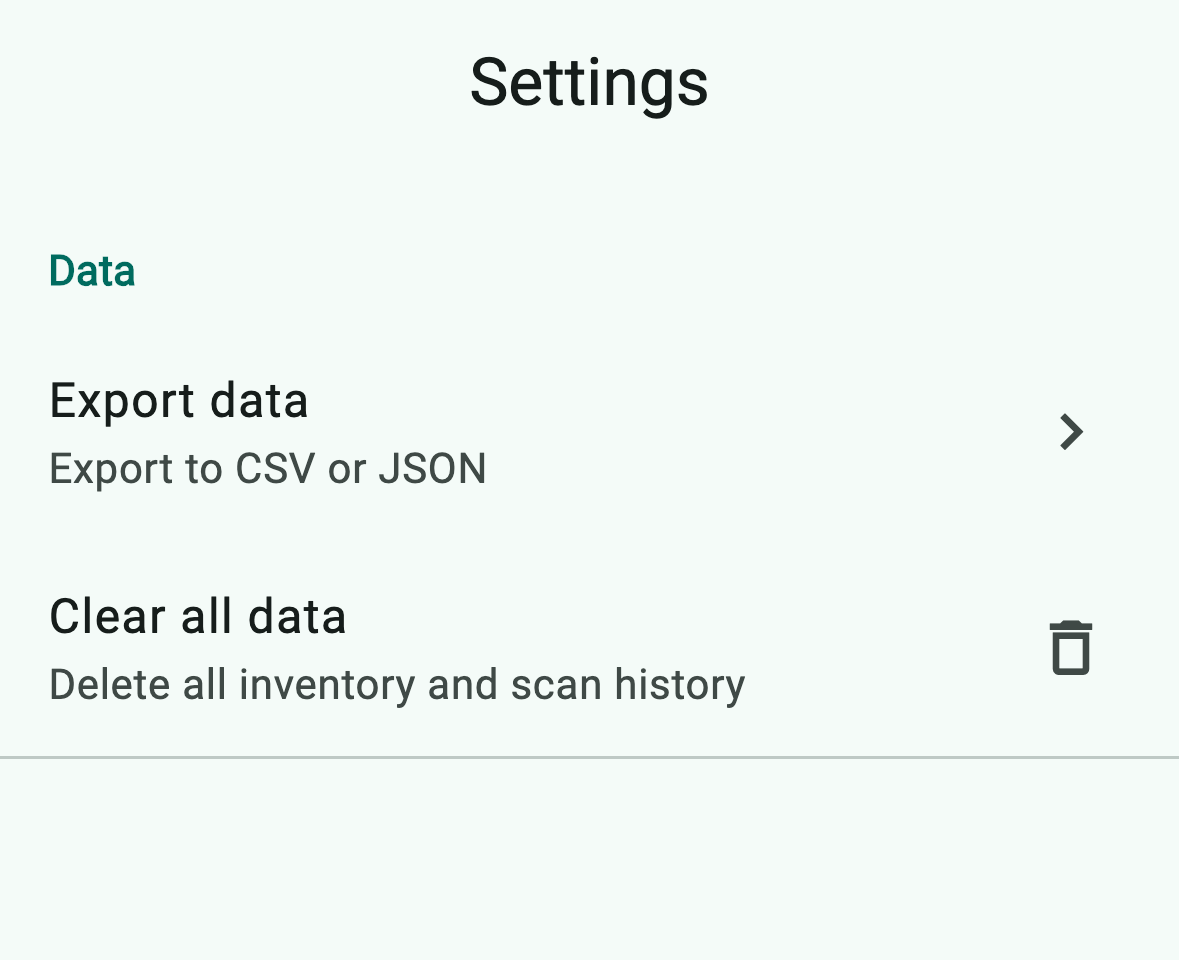 Data section in Settings