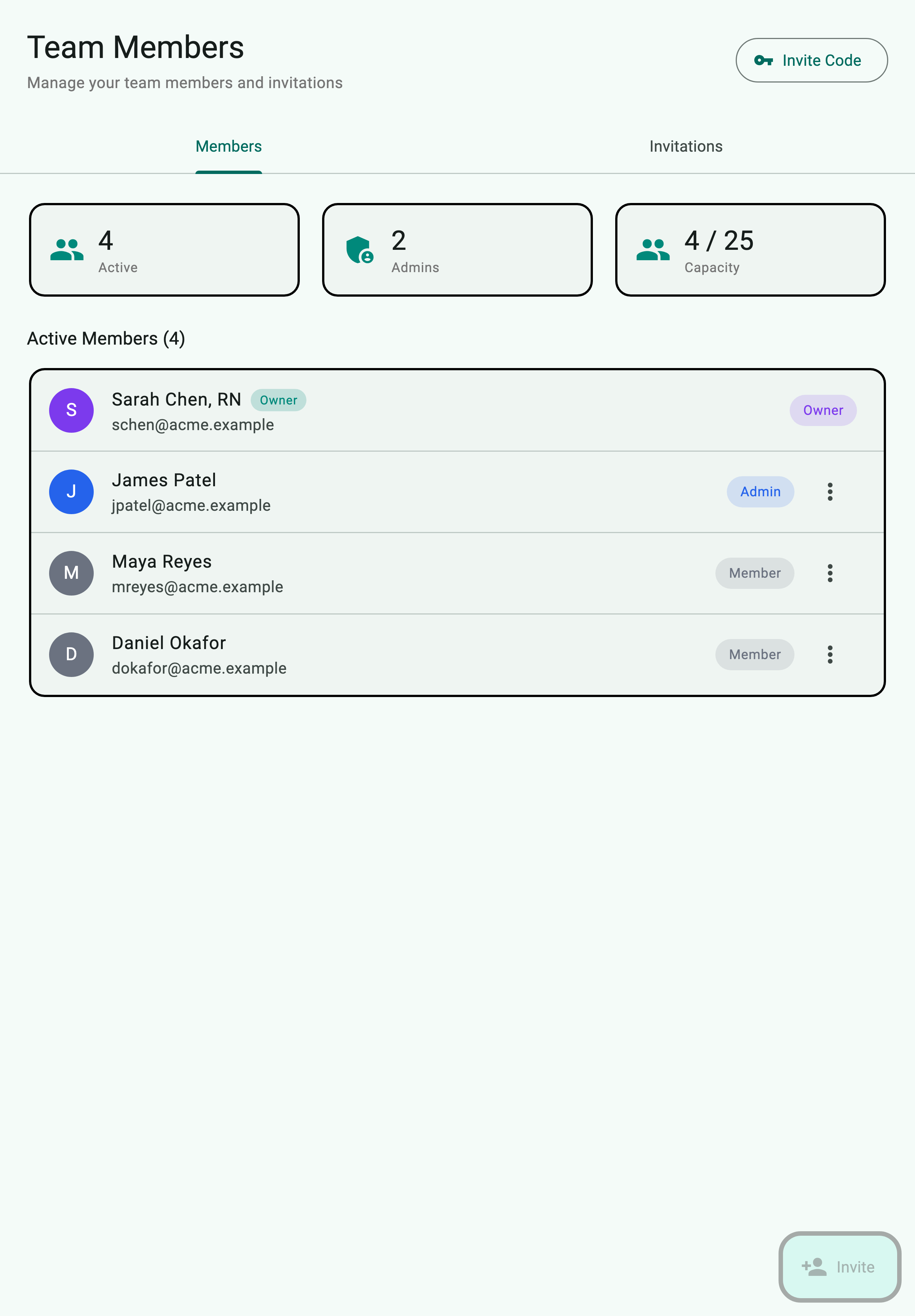 Team members screen